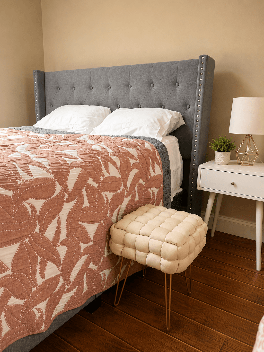 Botanical tufted guest bedroom